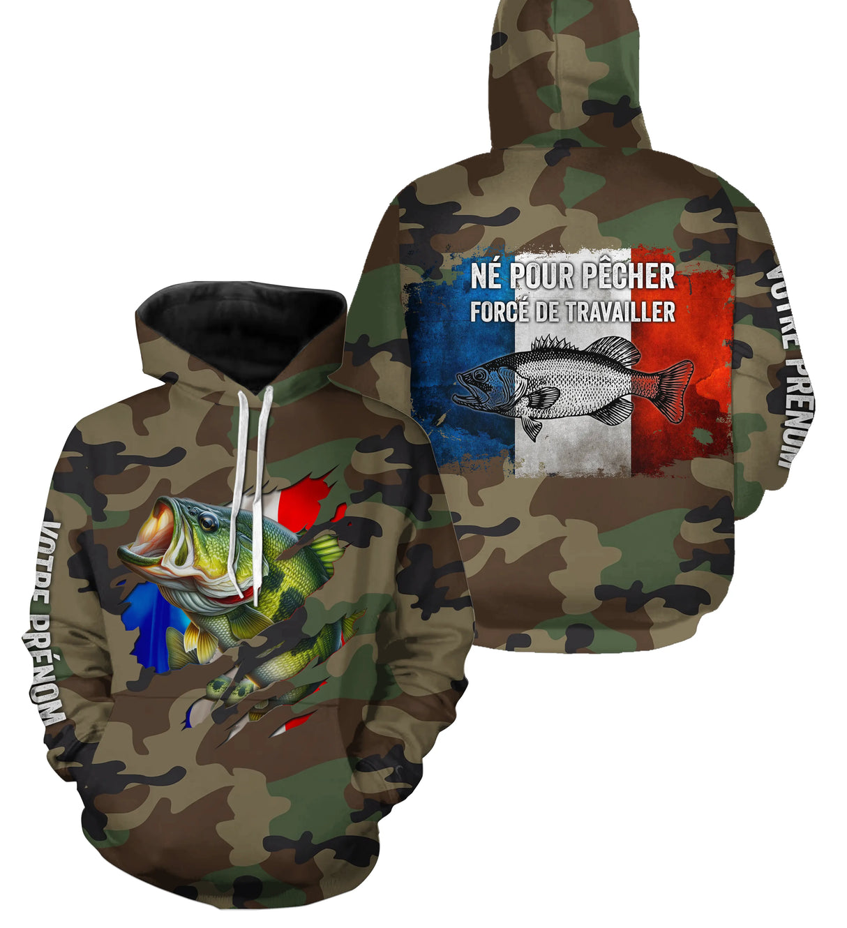 T-shirt UV pêche bar all-over camouflage motif bar drapeau tricolore Né pour pêcher pêcheur prénom personnalisé