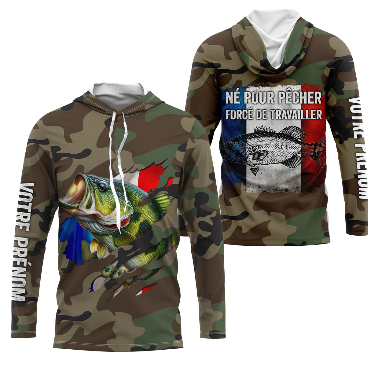 Maillot UV manches longues pêche bar all-over camouflage forêt motif bar drapeau tricolore prénom personnalisé