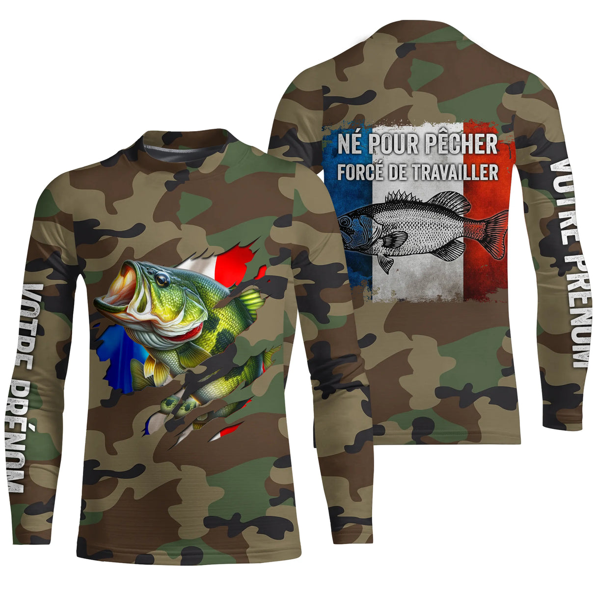 Hoodie pêche bar UV all-over camouflage forêt motif bar argenté drapeau France pêcheur prénom personnalisé