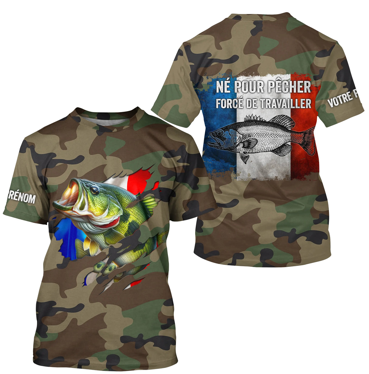 T-shirt UV pêche bar all-over camouflage forêt motif bar argenté drapeau France Né pour pêcher prénom personnalisé
