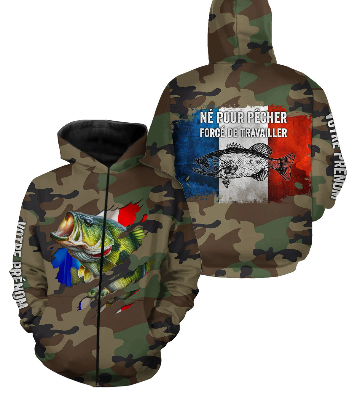 Sweat zippé pêche bar UV all-over camouflage motif bar drapeau France Né pour pêcher prénom personnalisé surfcaster