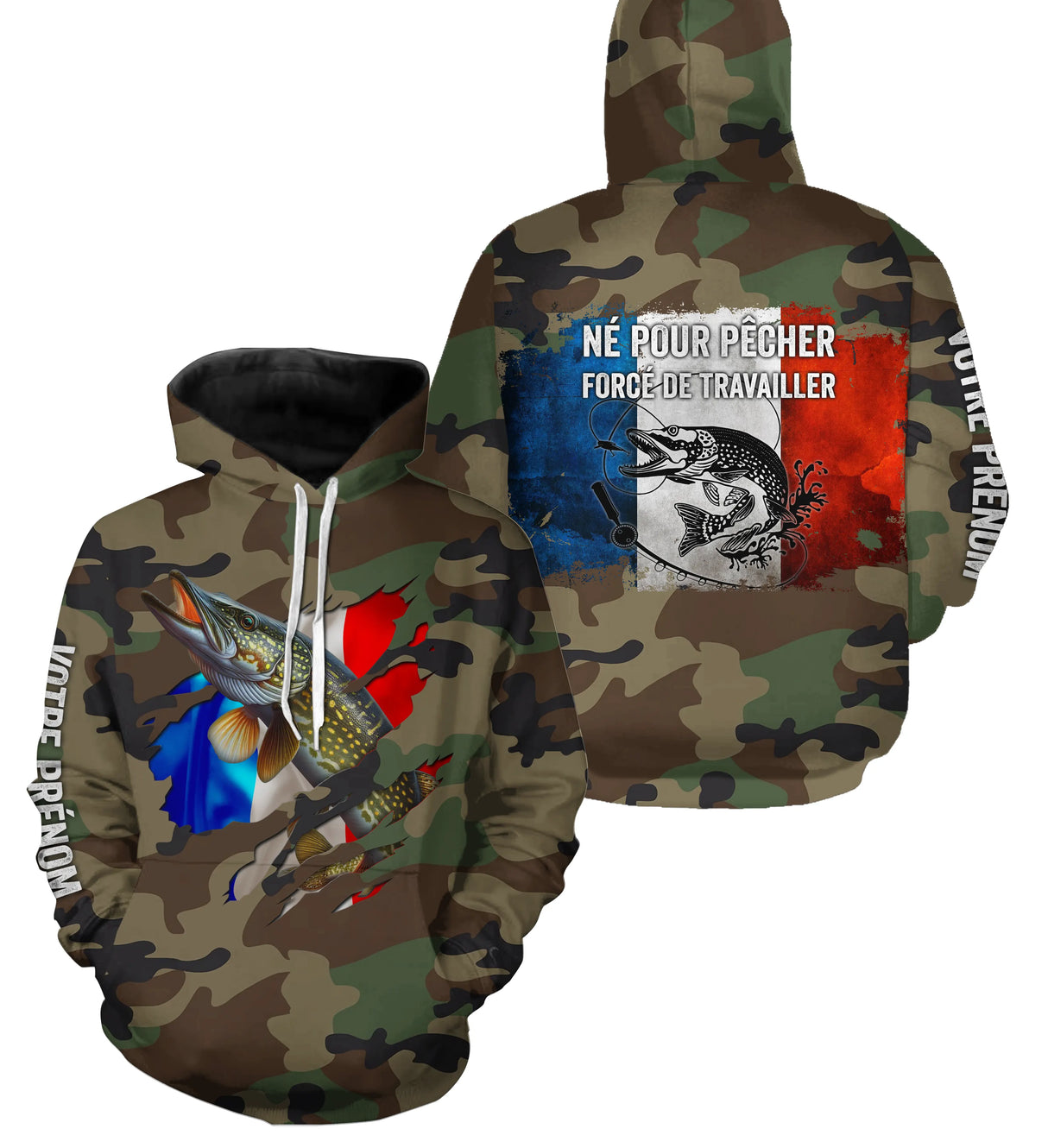 T-shirt UV pêche brochet all-over camouflage motif brochet drapeau tricolore Né pour pêcher pêcheur prénom personnalisé