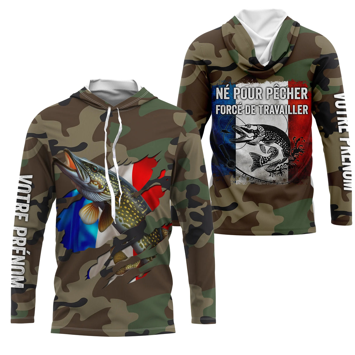Hoodie pêche brochet UV all-over camouflage forêt motif brochet drapeau France pêcheur prénom personnalisé