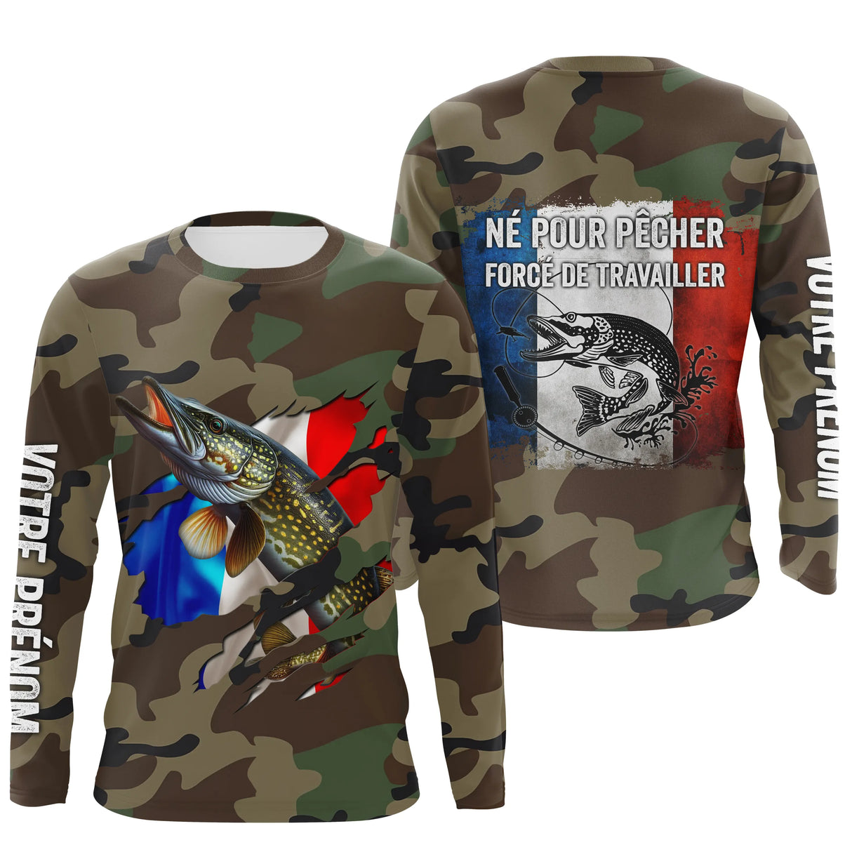 Maillot UV manches longues pêche brochet all-over camouflage forêt motif brochet drapeau tricolore prénom personnalisé