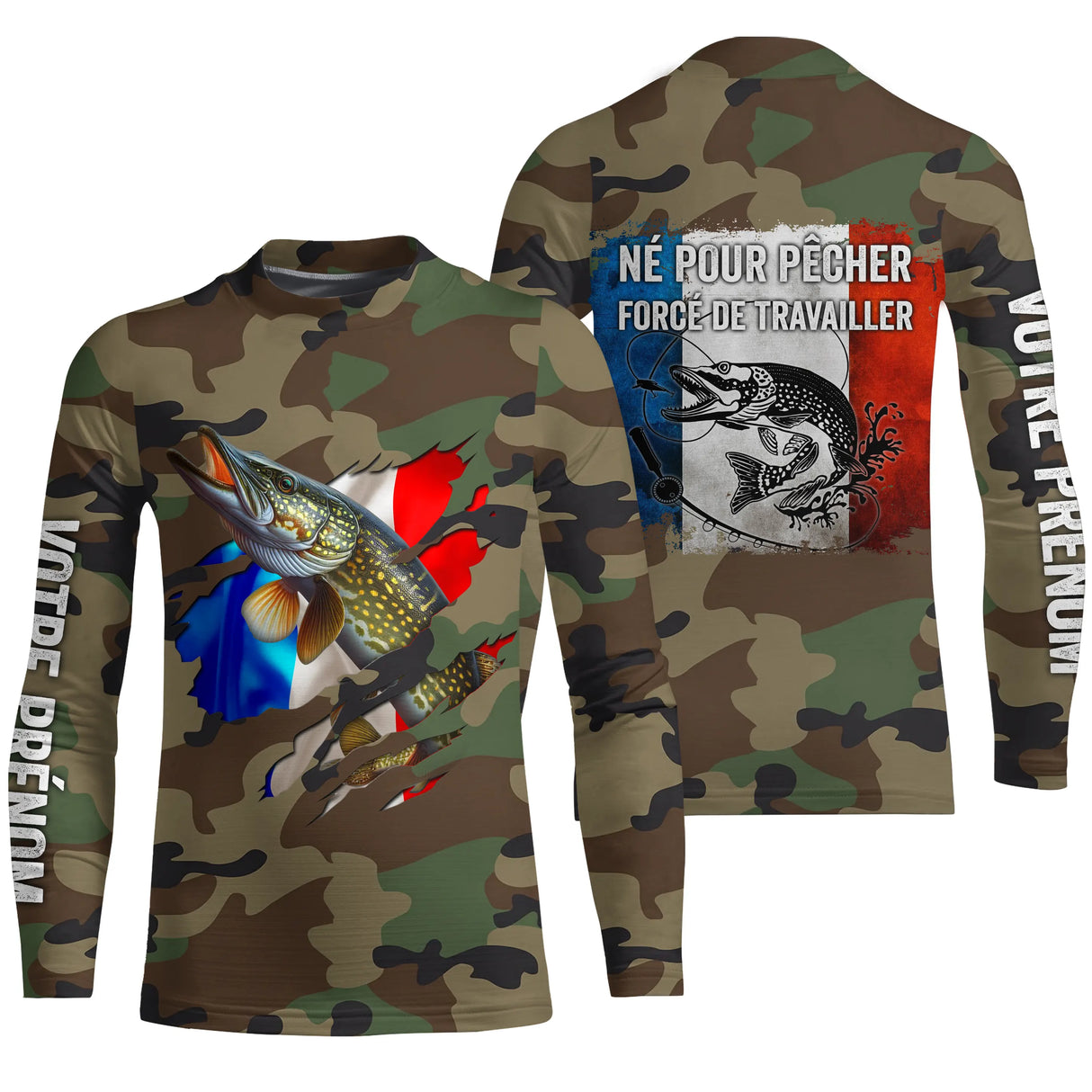 Sweat capuche pêche brochet UV all-over camouflage forêt motif brochet drapeau France prénom personnalisé pêcheur