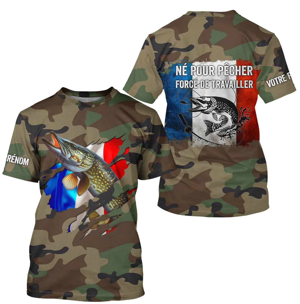 T-shirt UV pêche brochet all-over camouflage forêt motif brochet drapeau France Né pour pêcher prénom personnalisé