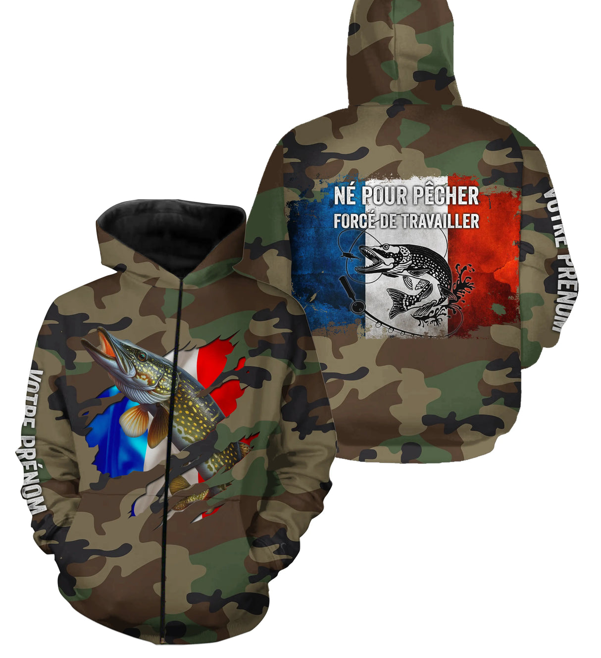 Sweat zippé pêche brochet UV all-over camouflage motif brochet drapeau France Né pour pêcher prénom personnalisé