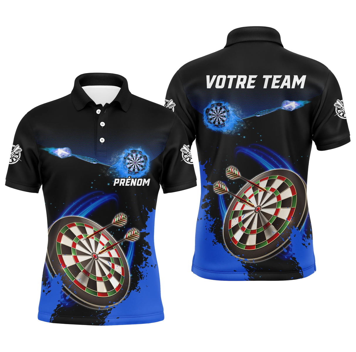 Maillot fléchettes bleu et noir homme all-over avec cibles et fléchettes, prénom et équipe personnalisés