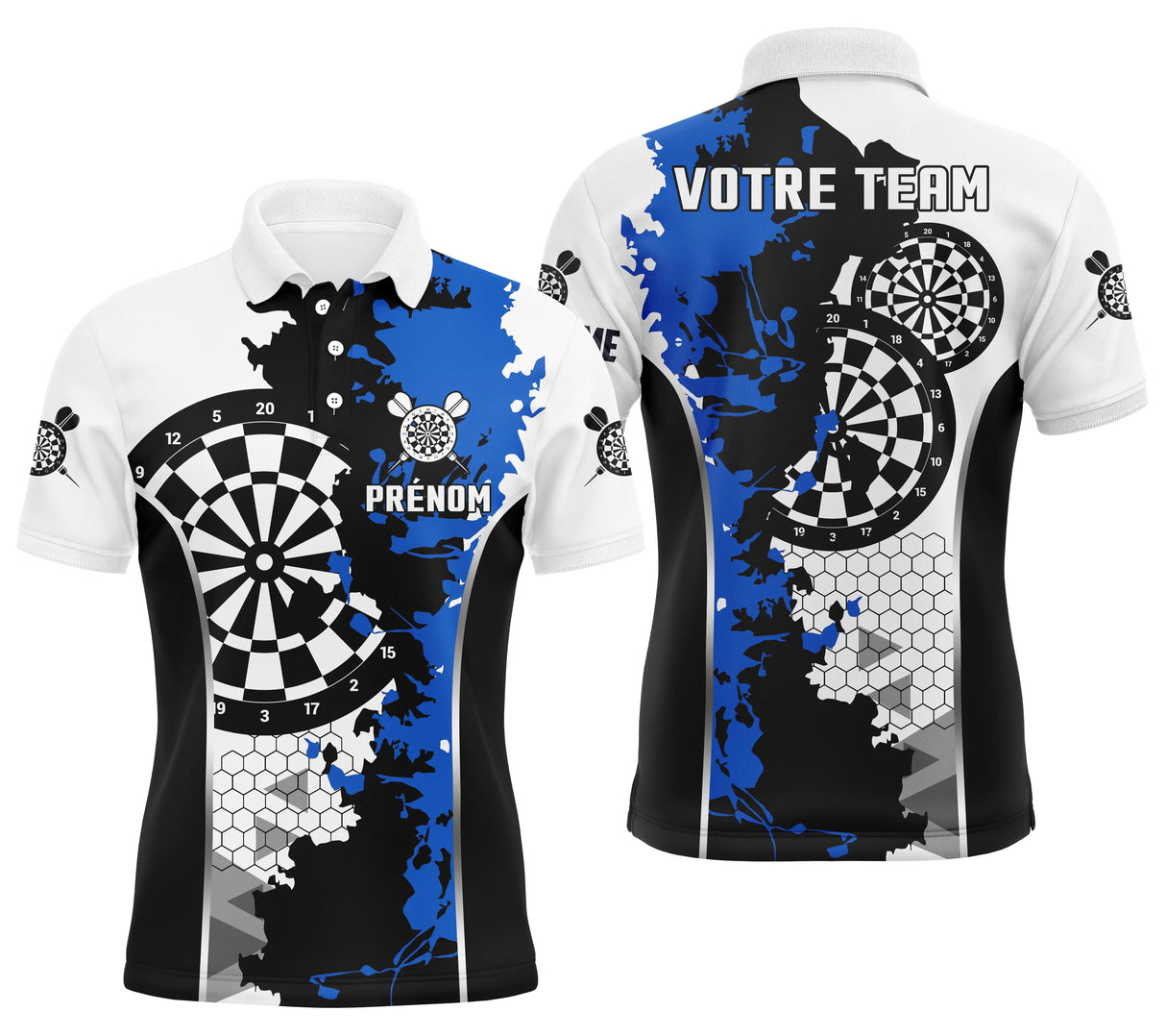 Polo fléchettes blanc et bleu homme avec hexagones et cibles Tactique, prénom et équipe personnalisés