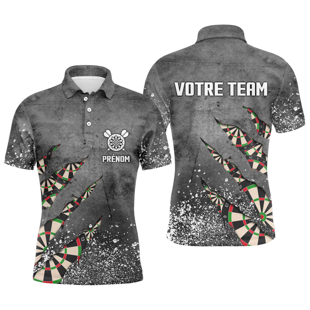 Polo fléchettes gris homme avec design éclaté et détails dartboard Darts Team, prénom et équipe personnalisés