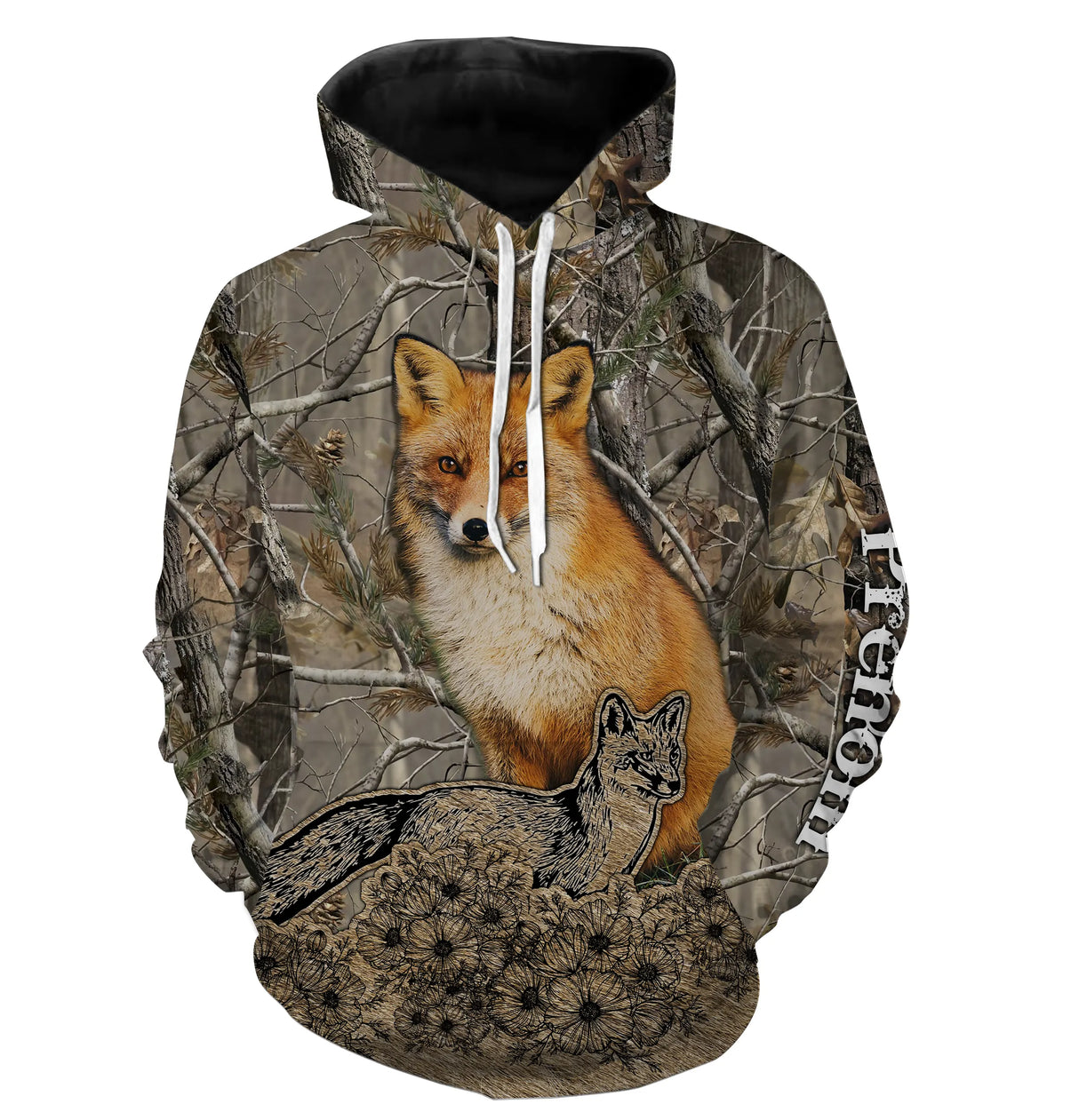 Sweat zippé chasse renard scène forestière, tenue cynégétique avec prénom personnalisé
