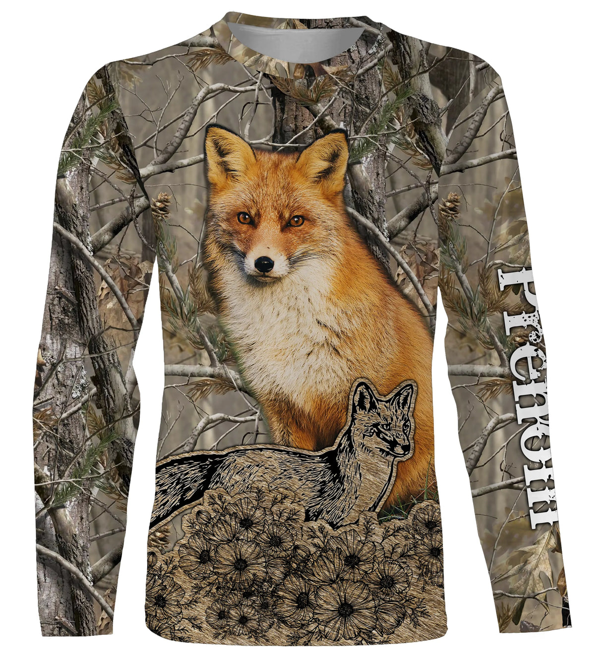 T-shirt manches longues chasse renard forêt design all-over naturaliste, coupe unisexe personnalisable