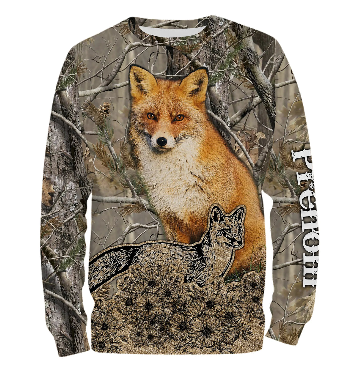 Sweat à capuche chasse renard forêt vert brun, marquage prénom pour chasseur observation