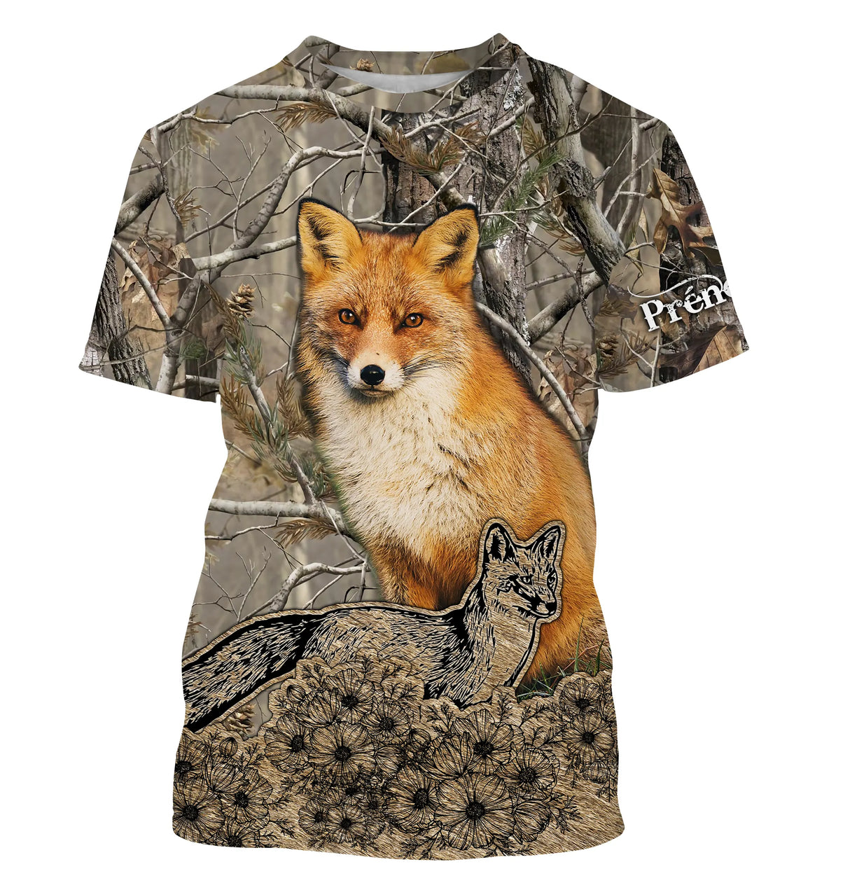 T-shirt chasse renard forêt avec renard roux et renardeau scène naturaliste, prénom imprimé personnalisé