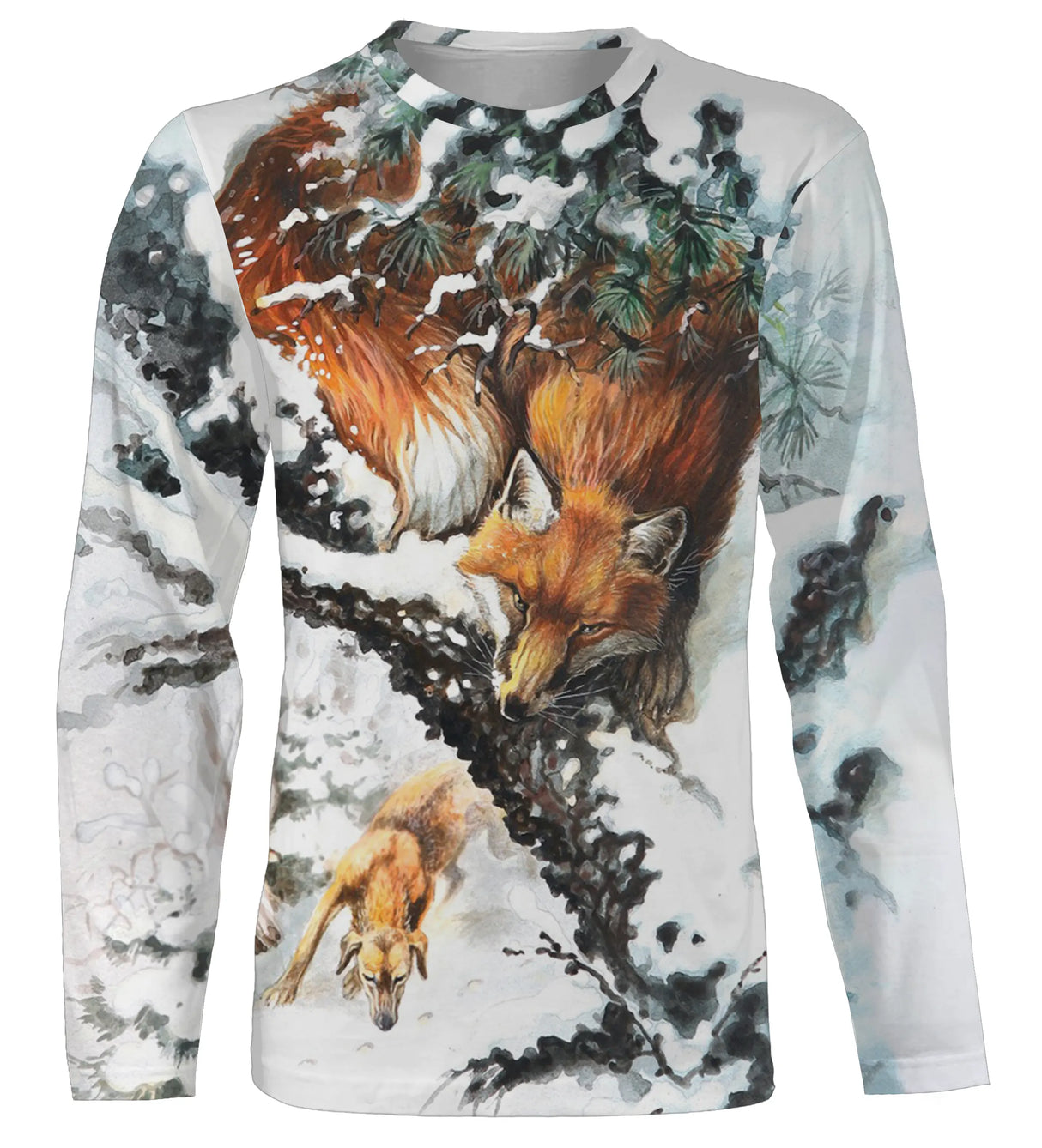 T-shirt manches longues chasse renard hiver design all-over scène neige, coupe unisexe naturaliste