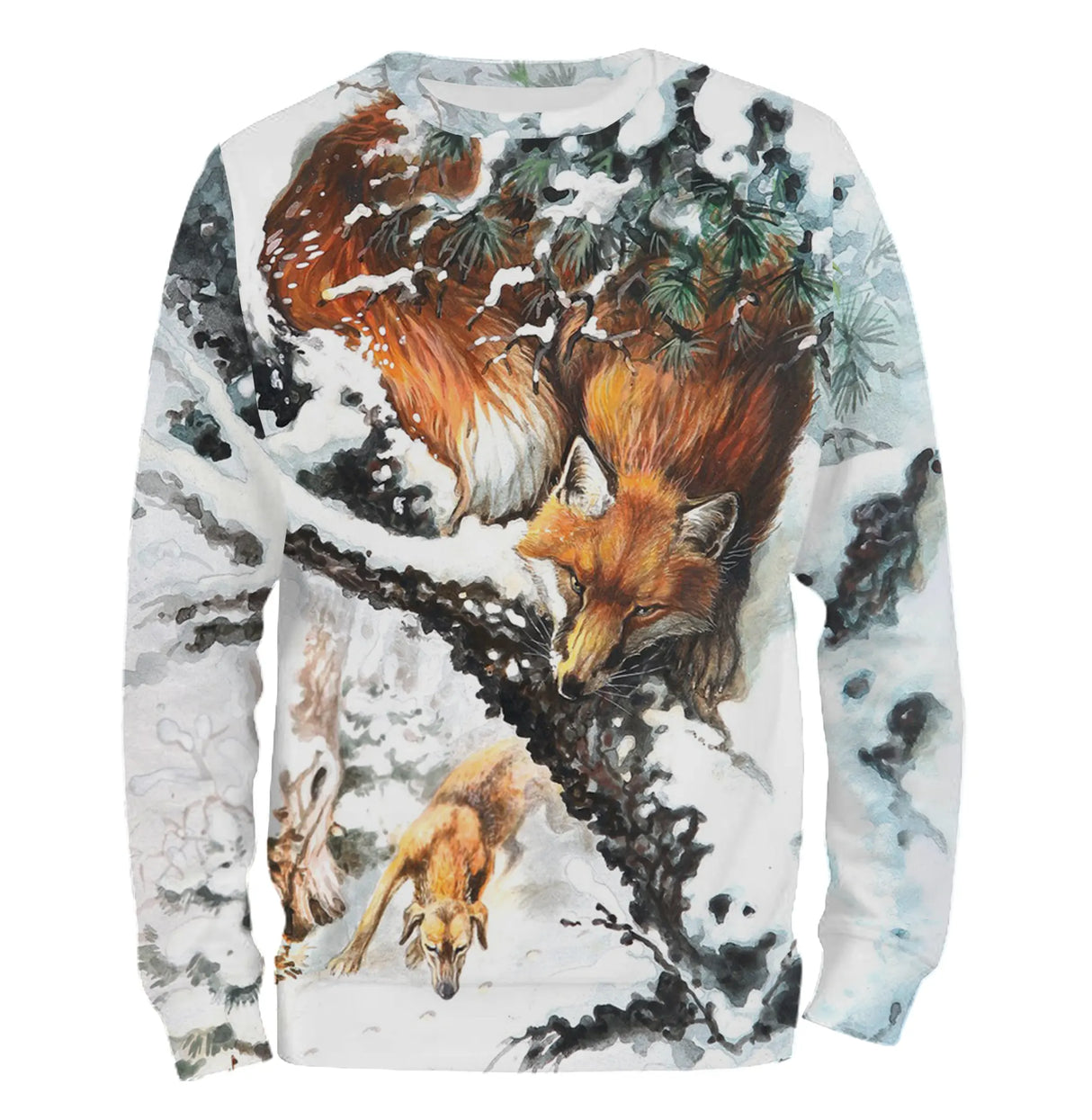Sweat à capuche chasse renard roux sous neige, motif hivernal pour chasseur petit gibier