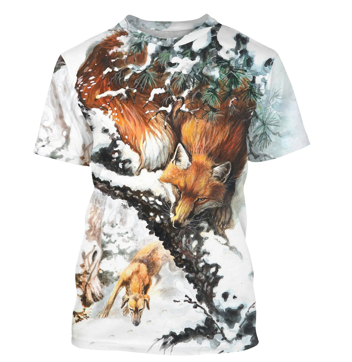 T-shirt chasse renard roux neige hiver avec renard à l'affût dans paysage enneigé et silhouettes en sous-bois
