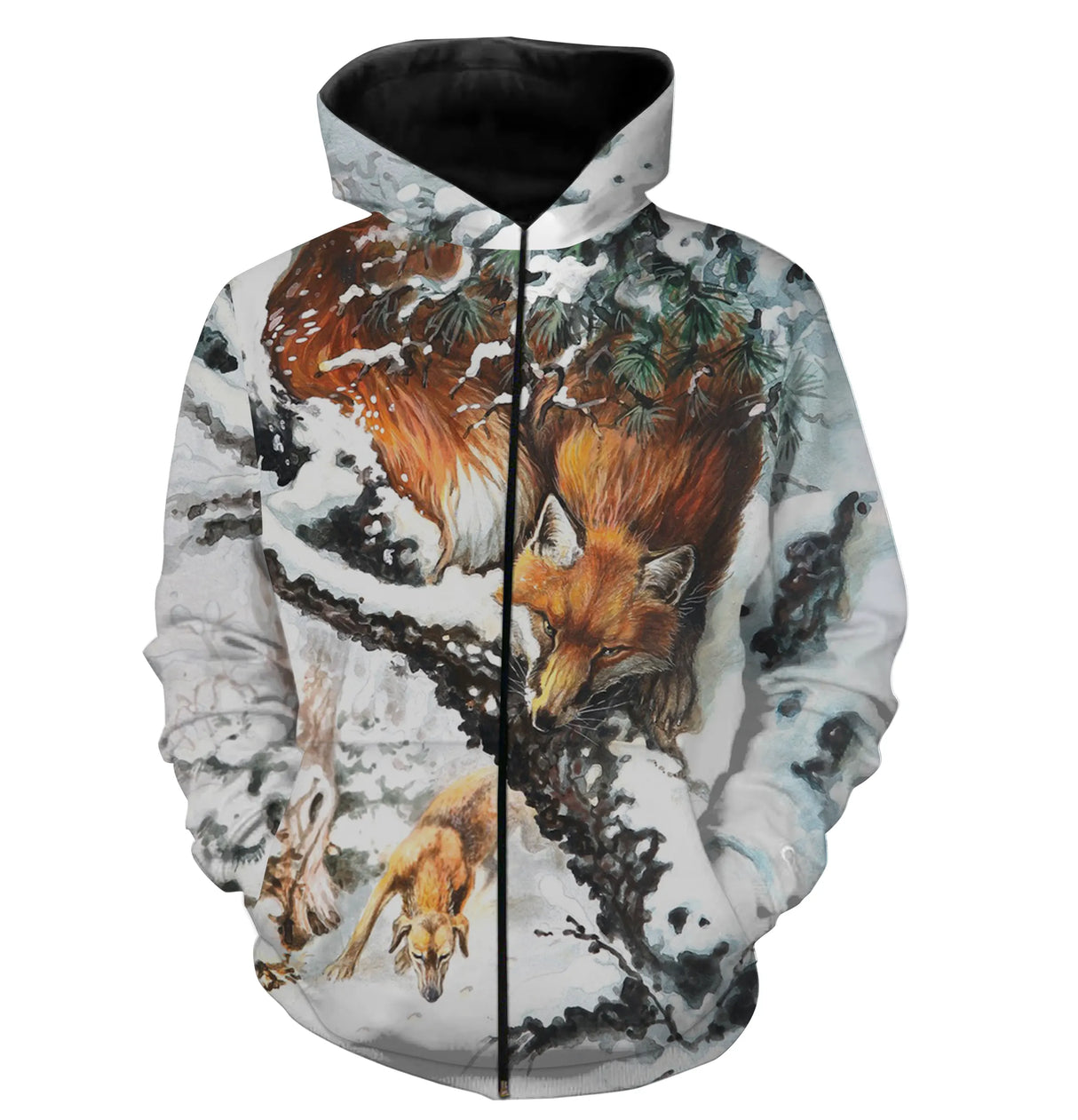 Sweater chasse renard roux all-over scène hivernale, motif renard et neige pour passionné observation