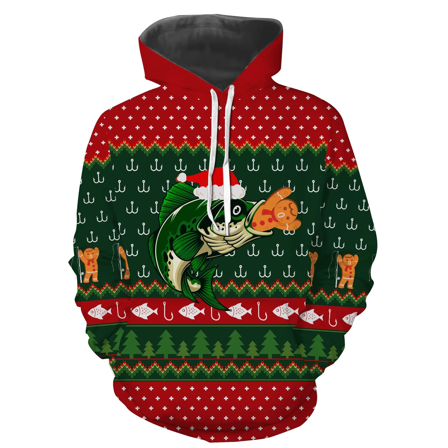 Pull De Noël, Cadeau Noël Pêcheur, Motif Crochet De Pêche, Poisson Et Chapeau de Père Noël - CT12112239