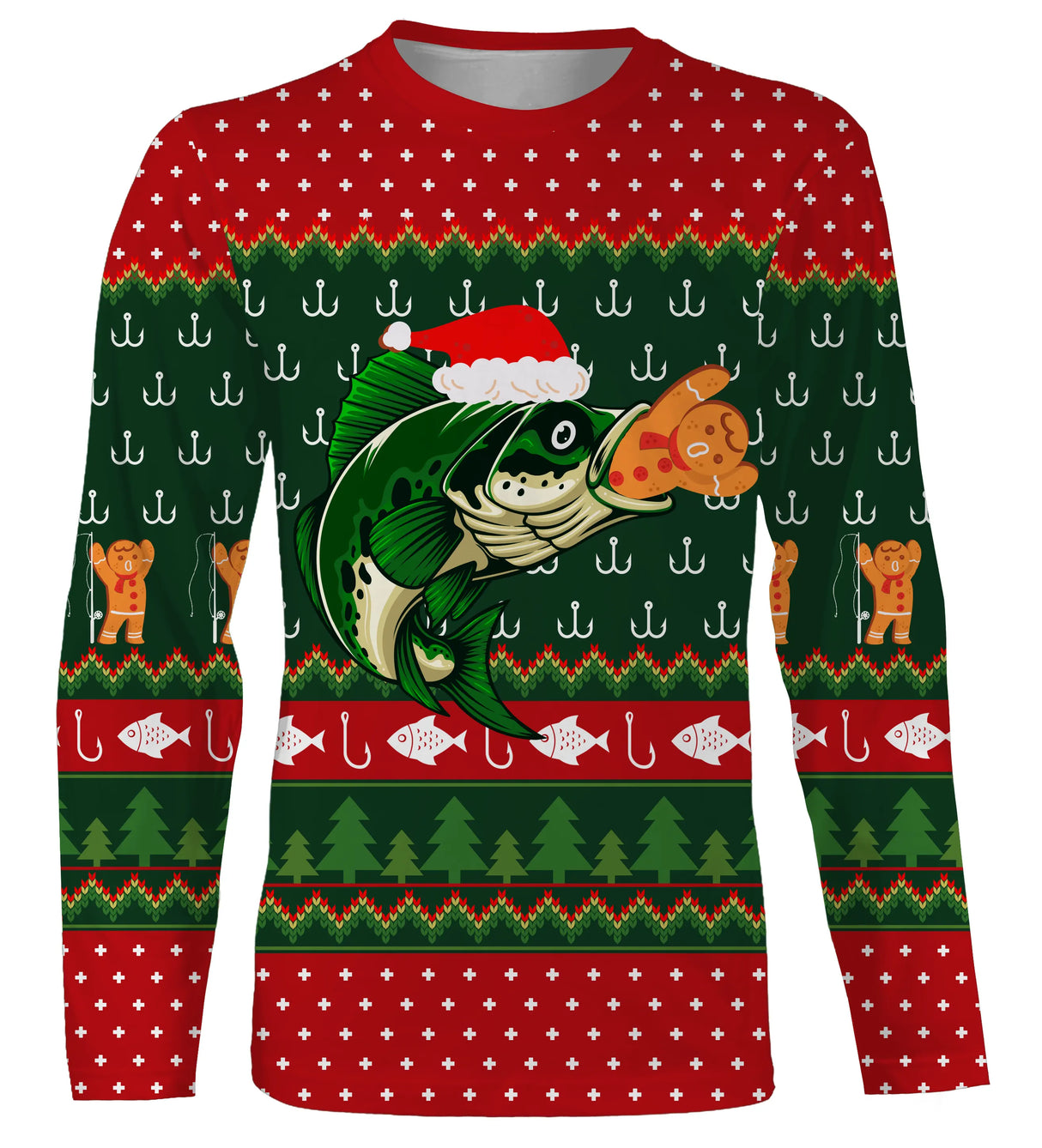 Sweater Noël pêcheur poisson jacquard vert rouge, coupe unisexe humour halieutique pour famille