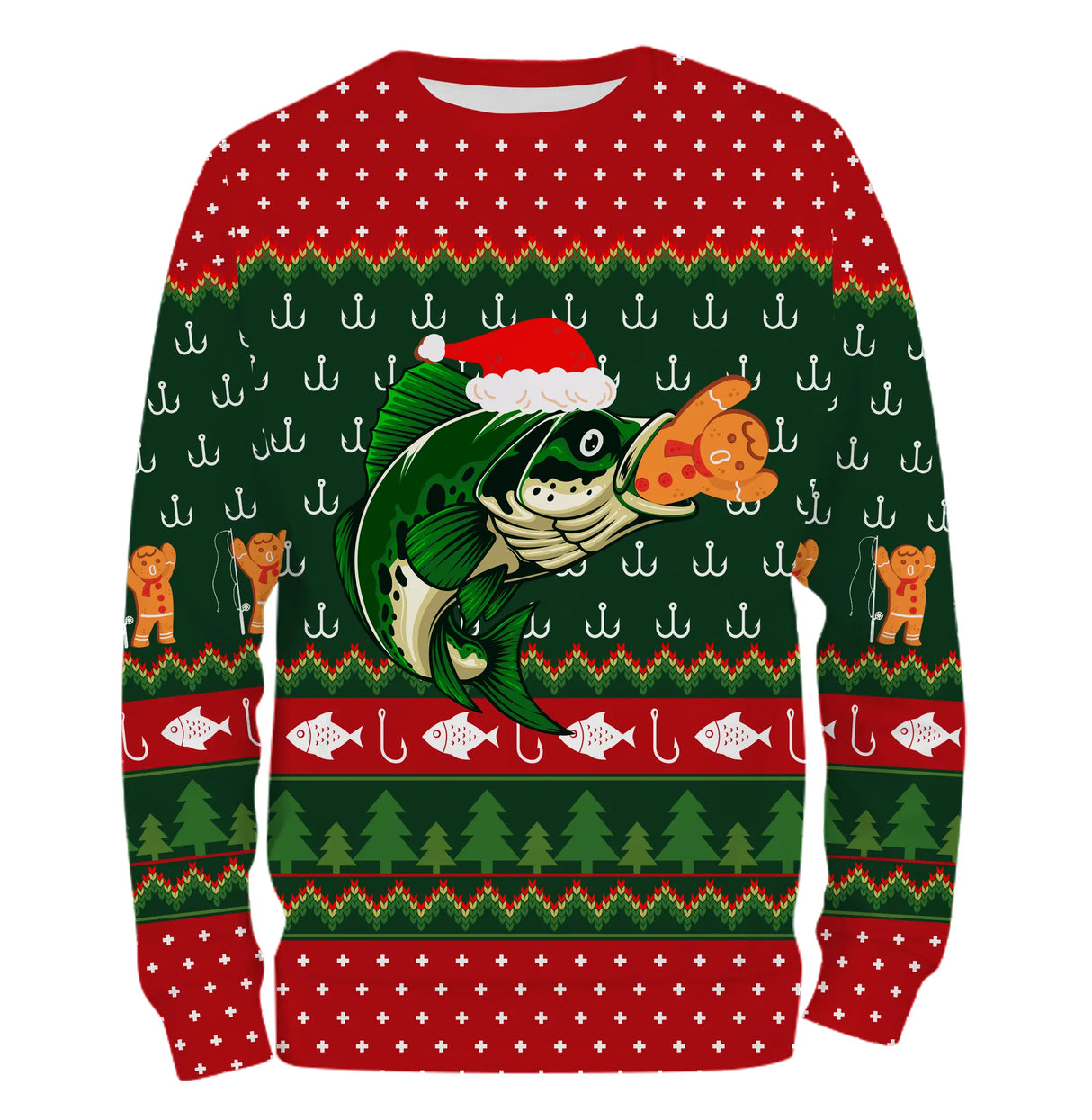 Pull De Noël, Cadeau Noël Pêcheur, Motif Crochet De Pêche, Poisson Et Chapeau de Père Noël - CT12112239