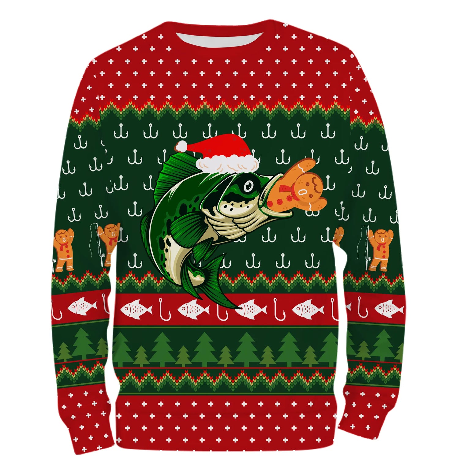 Pull De Noël, Cadeau Noël Pêcheur, Motif Crochet De Pêche, Poisson Et Chapeau de Père Noël - CT12112239