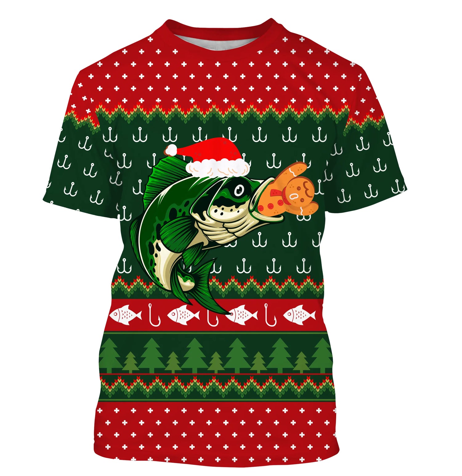 Pull De Noël, Cadeau Noël Pêcheur, Motif Crochet De Pêche, Poisson Et Chapeau de Père Noël - CT12112239