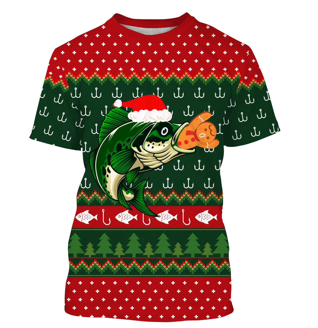 Pull Noël vert rouge avec poisson sautant coiffé bonnet Père Noël et hameçons jacquard, motifs sapins