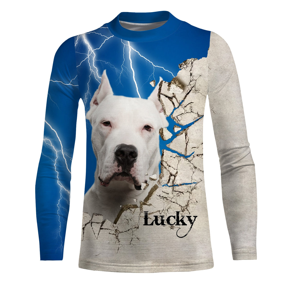 Sweat zippé Dogue Argentin all-over fond bleu motif Dogo Argentino imposant photo prénom personnalisés cynophile