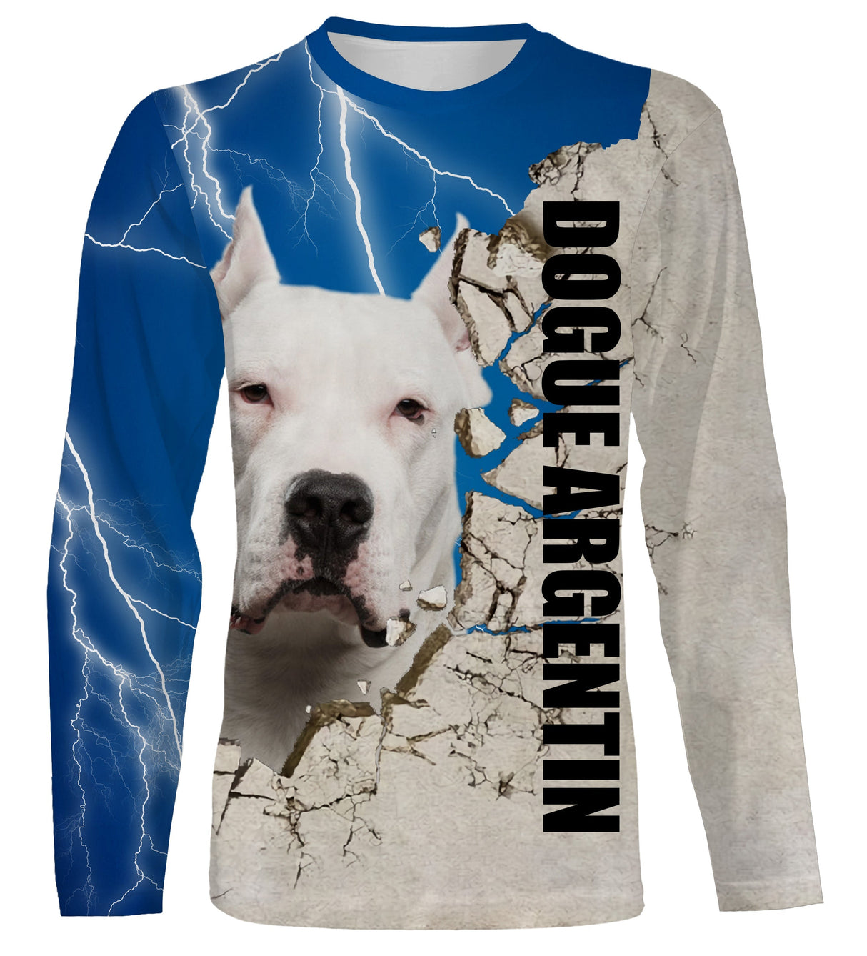 Sweat capuche chien Dogue Argentin all-over fond bleu électrique motif chien blanc photo prénom personnalisés