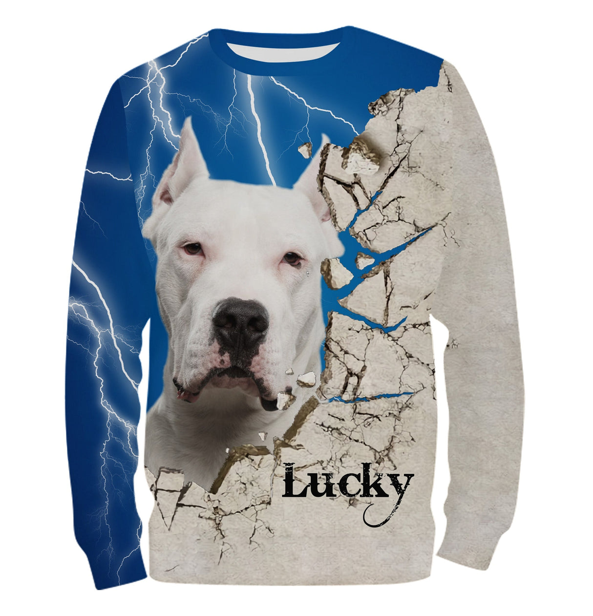 T-shirt Dogue Argentin all-over fond bleu motif chien blanc imposant photo prénom personnalisés cadeau maître