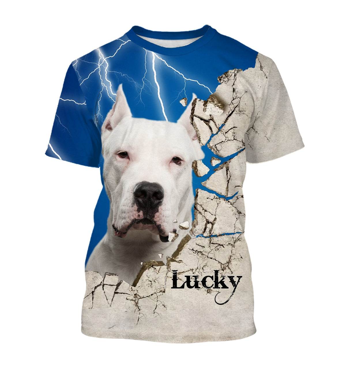 T-shirt manches longues Dogue Argentin all-over fond bleu motif Dogo Argentino blanc photo prénom personnalisés
