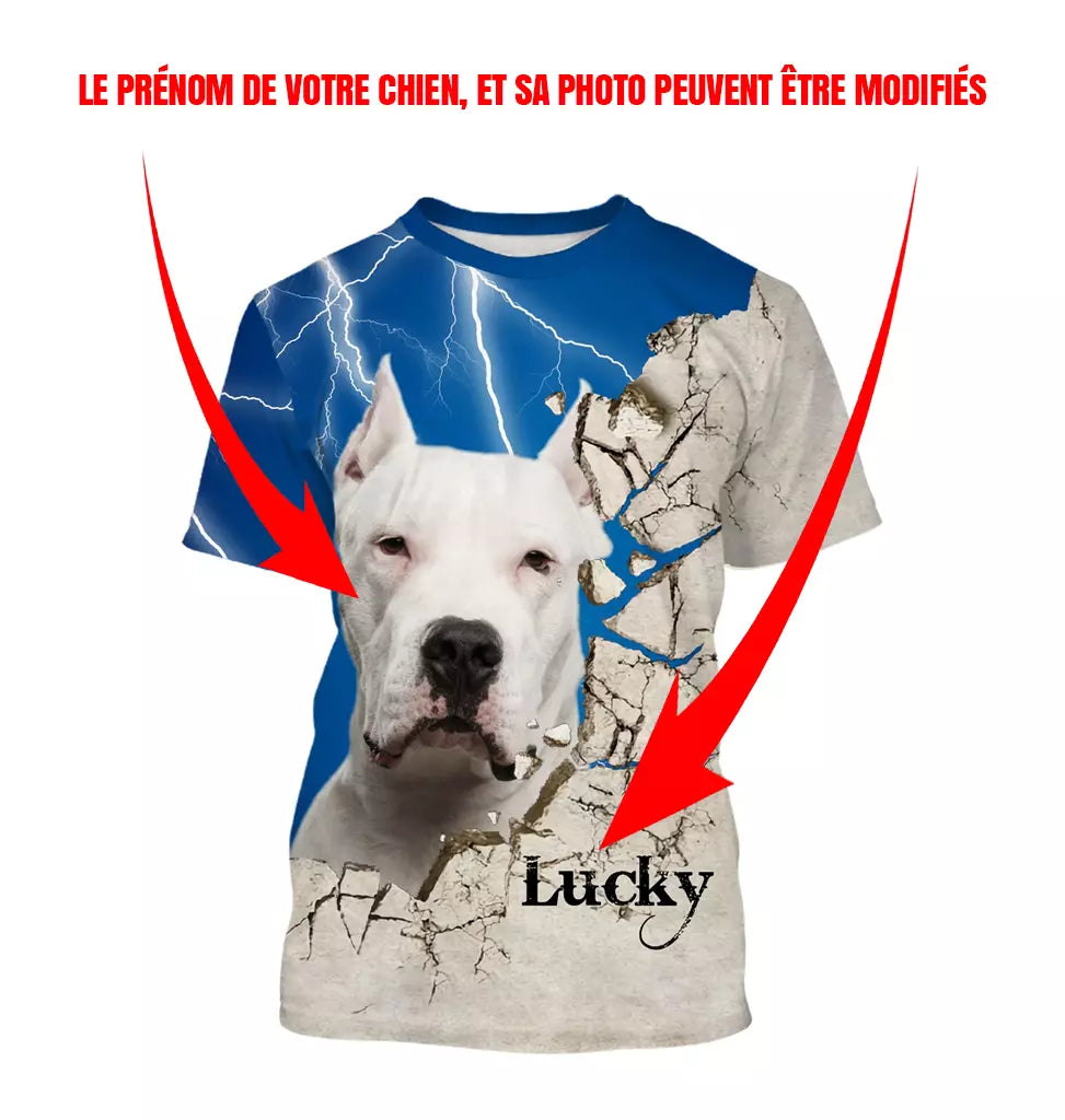T-shirt chien Dogue Argentin all-over fond bleu électrique motif Dogo Argentino blanc imposant photo prénom personnalisés