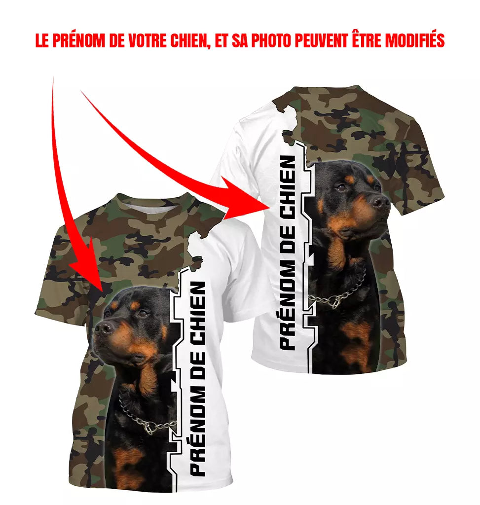 T-shirt chien Rottweiler all-over camouflage forêt vert et brun motif Rottweiler noir et feu photo prénom personnalisés
