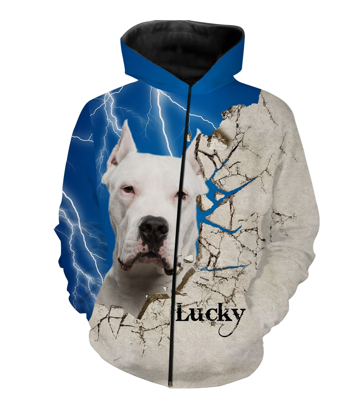 T-shirt cynophile Dogue Argentin fond bleu motif chien molossoïde blanc photo prénom personnalisés maître