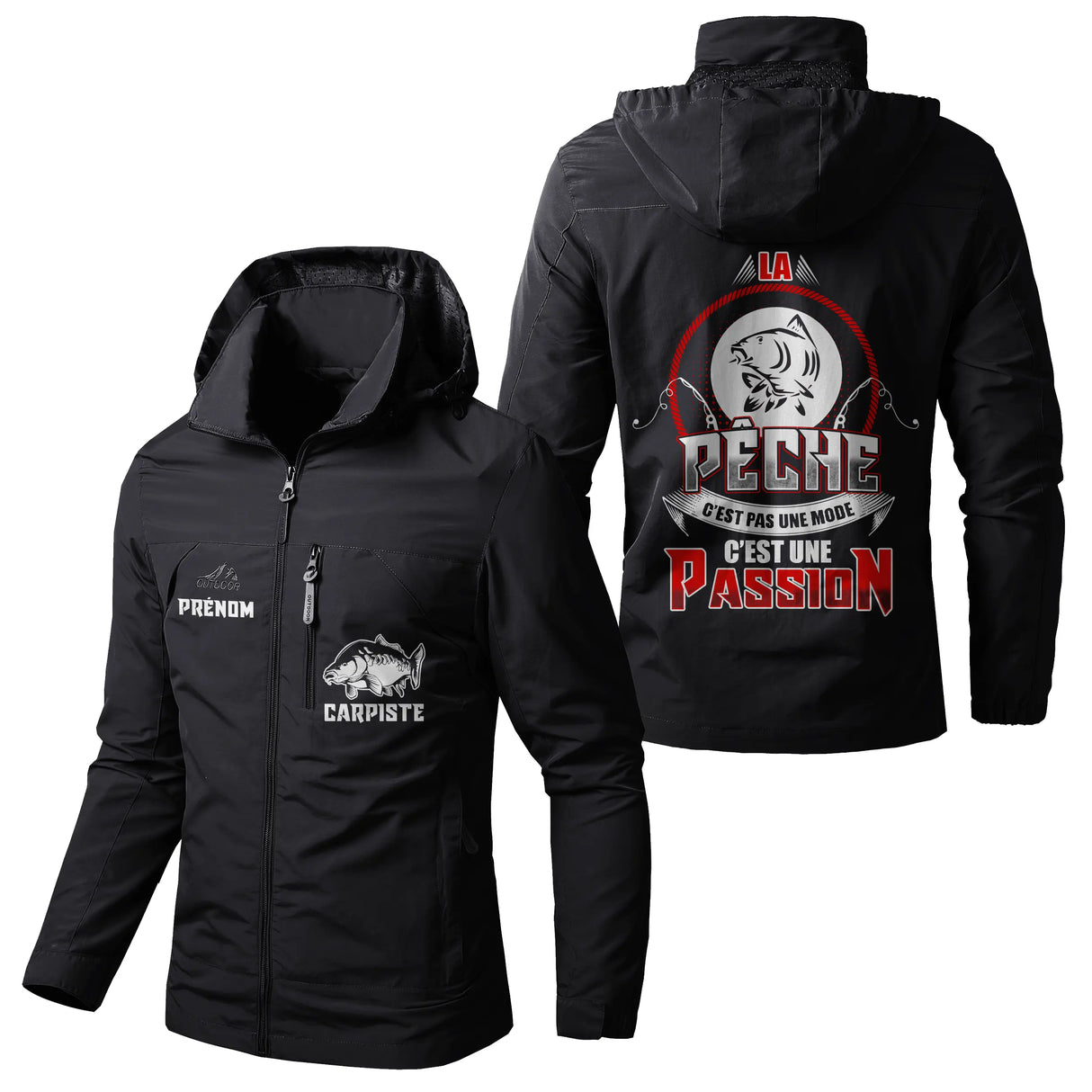 Veste pêche noire à capuche avec slogan La pêche pas une mode c'est une passion, brochet illustration, prénom personnalisé