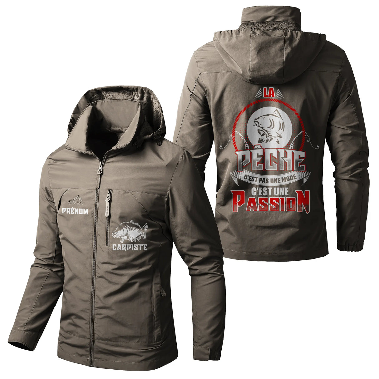 Veste pêche vert kaki à capuche avec inscription passion pêche, prénom personnalisé