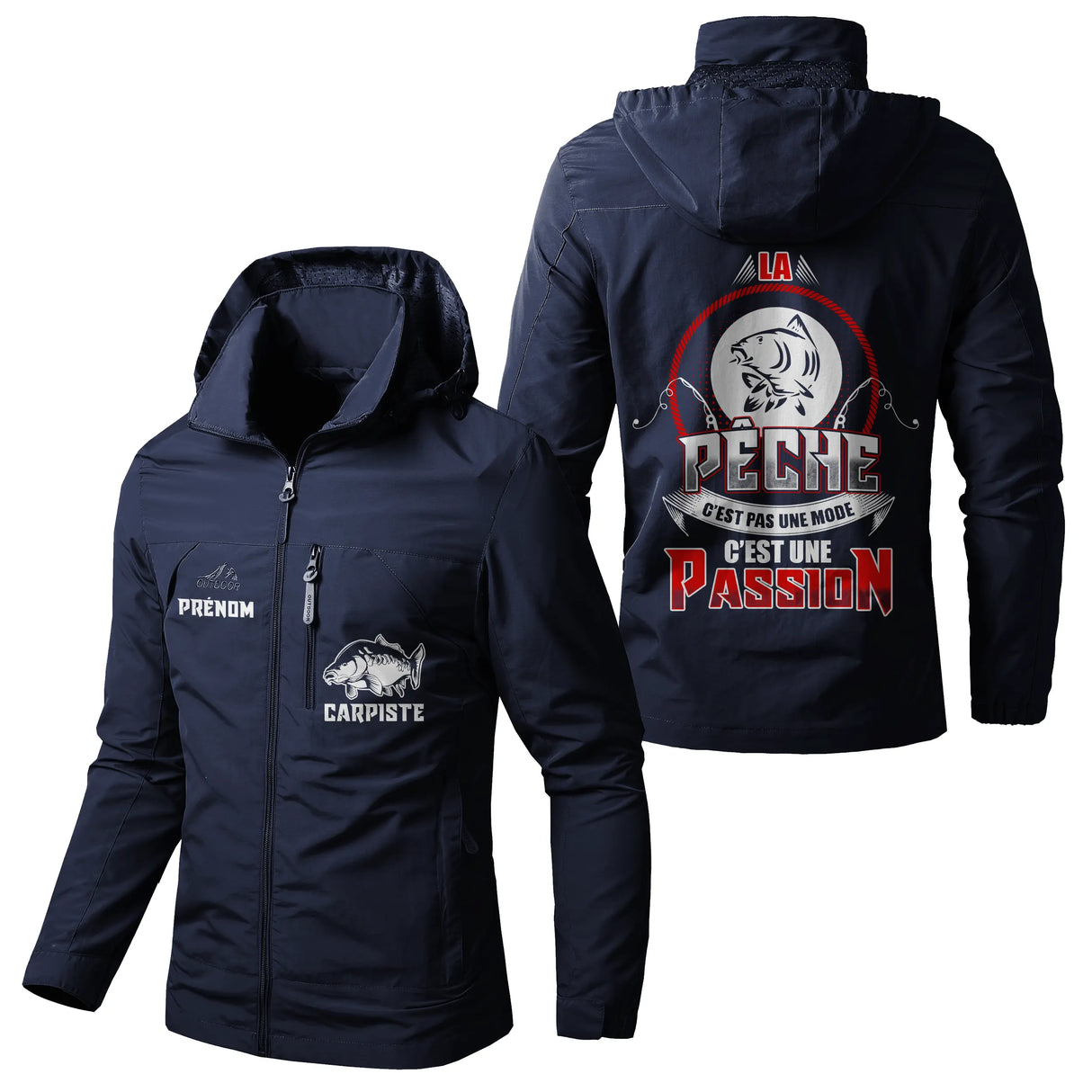 Veste pêche marine à capuche avec slogan passion brochet, prénom personnalisé