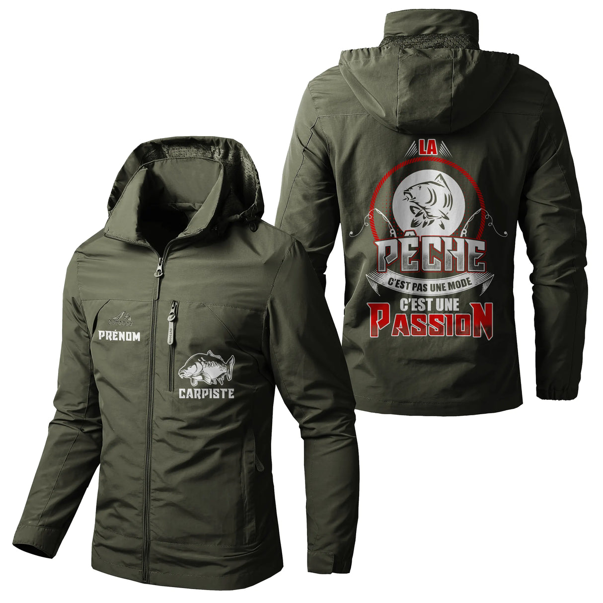Veste pêche vert militaire à capuche avec slogan pas mode passion, prénom personnalisé