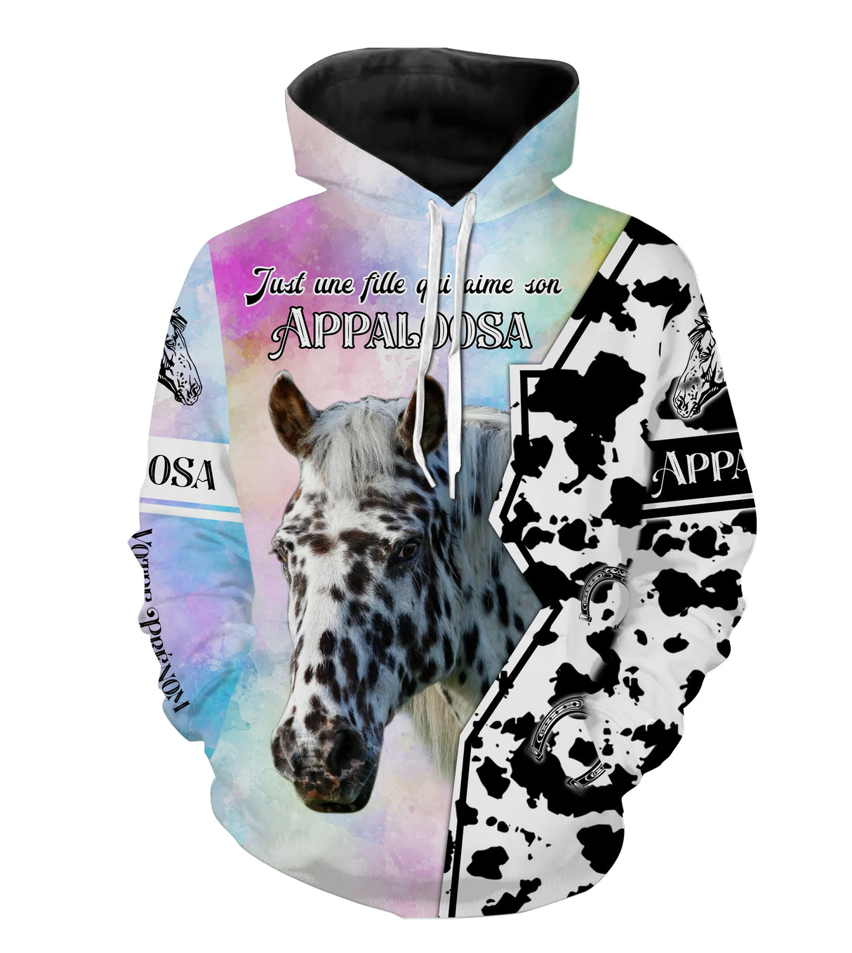 Sweat à capuche cheval Appaloosa fond pastel slogan Just fille aime Appaloosa prénom personnalisé