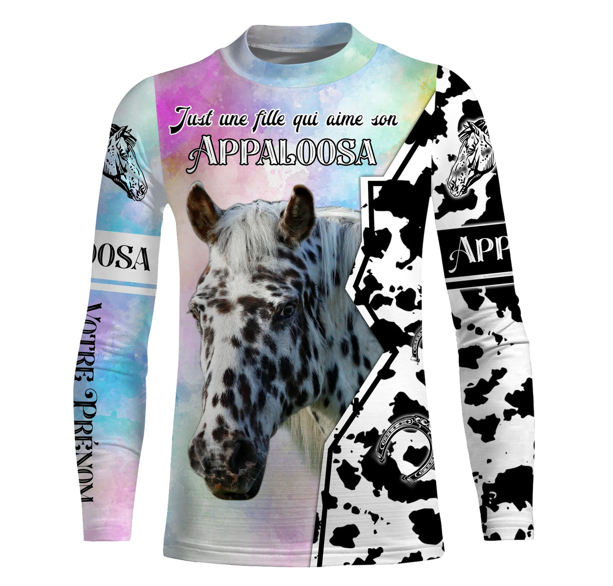 T-shirt cheval enfant manches longues Appaloosa fond pastel slogan Just fille aime Appaloosa prénom