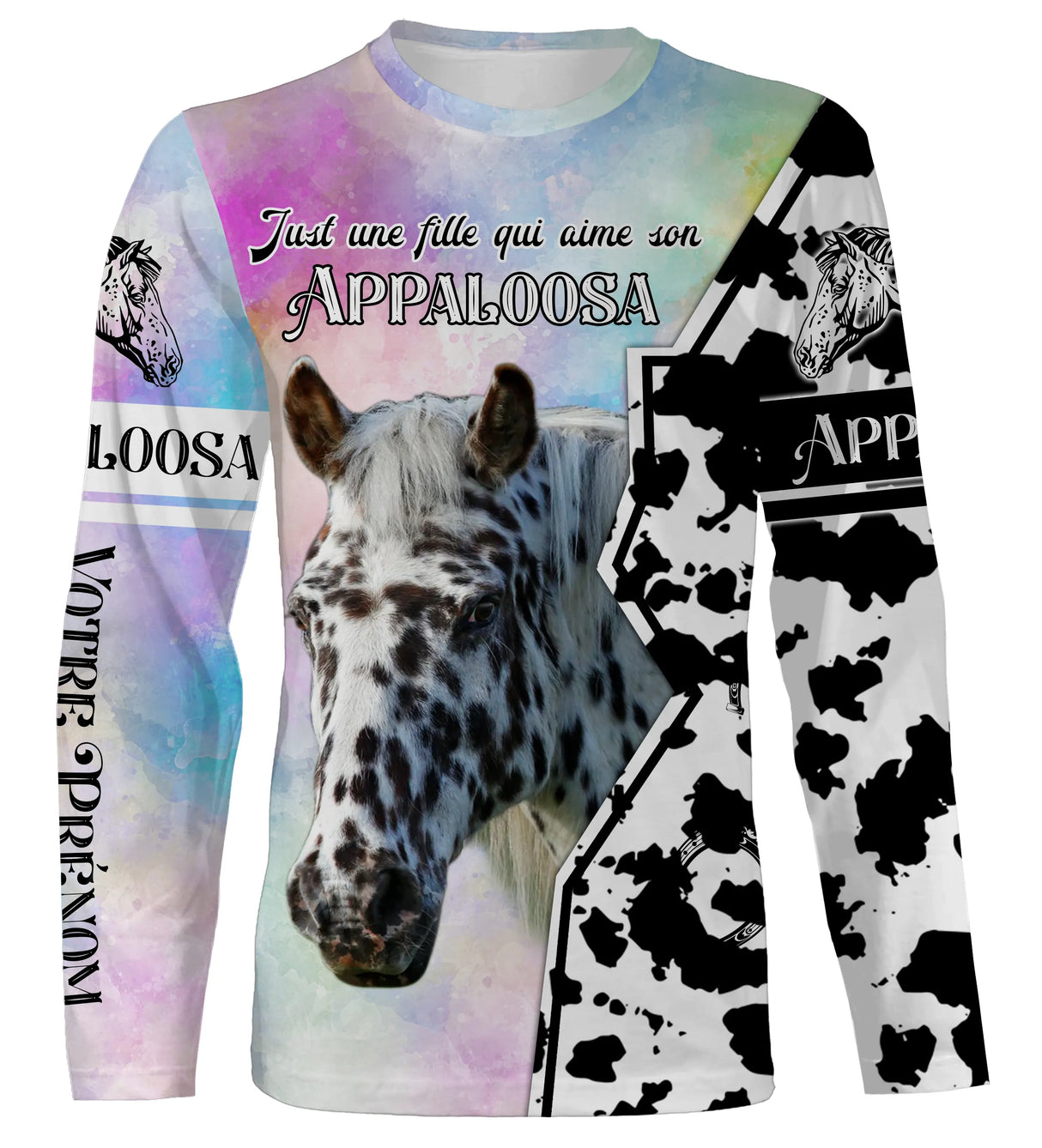T-shirt cheval manches longues Appaloosa fond pastel slogan Just une fille qui aime son Appaloosa prénom personnalisé