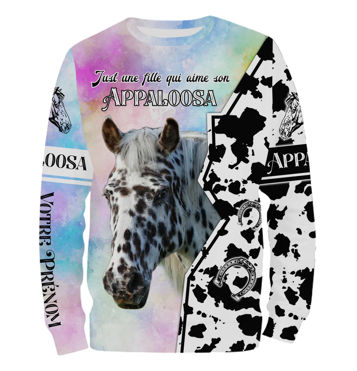 Sweater cheval unisexe Appaloosa fond pastel slogan Just fille aime Appaloosa prénom personnalisé