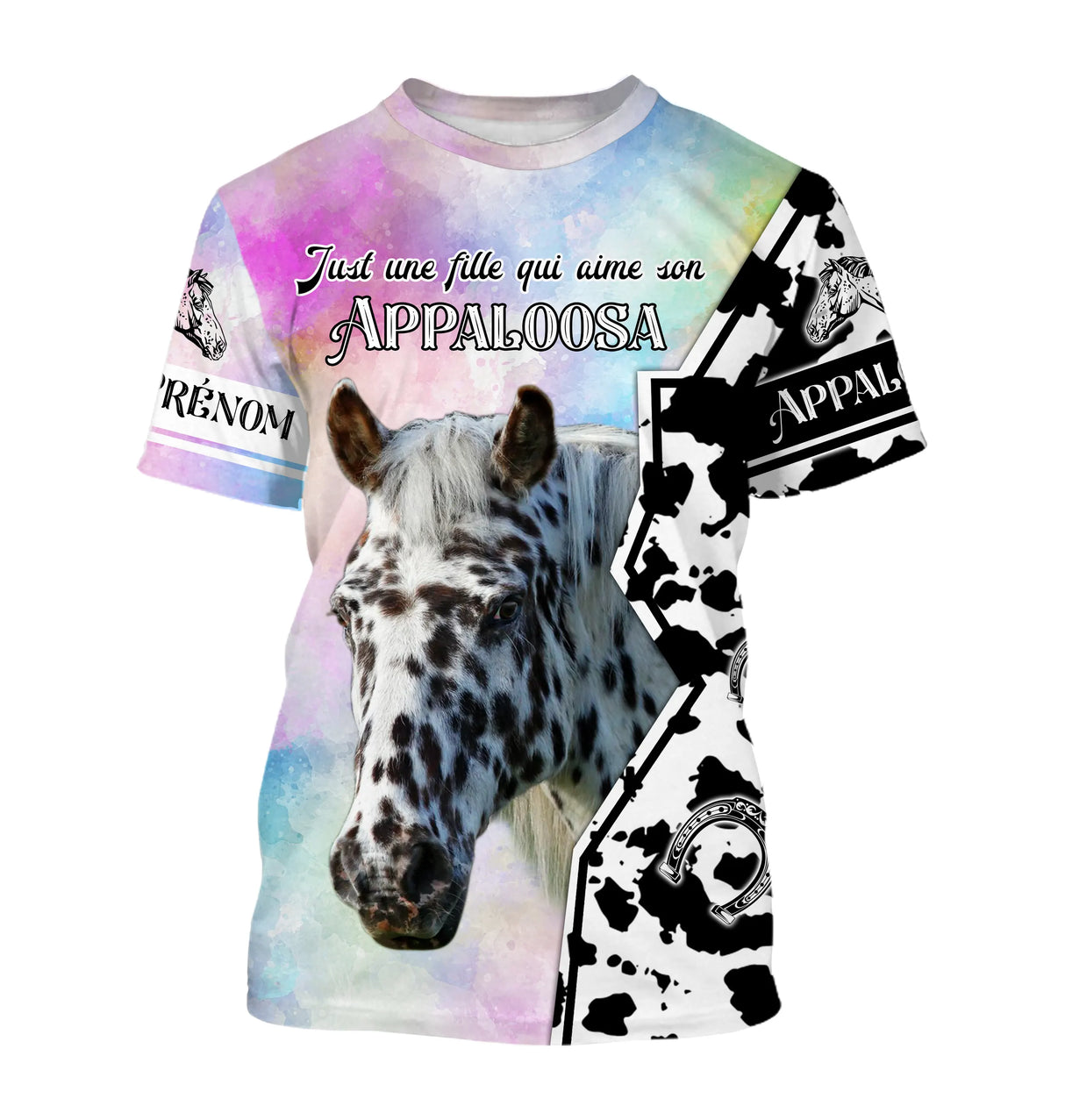T-shirt cheval all-over fond pastel rose bleu vert portrait Appaloosa robe tachetée slogan Just fille aime Appaloosa