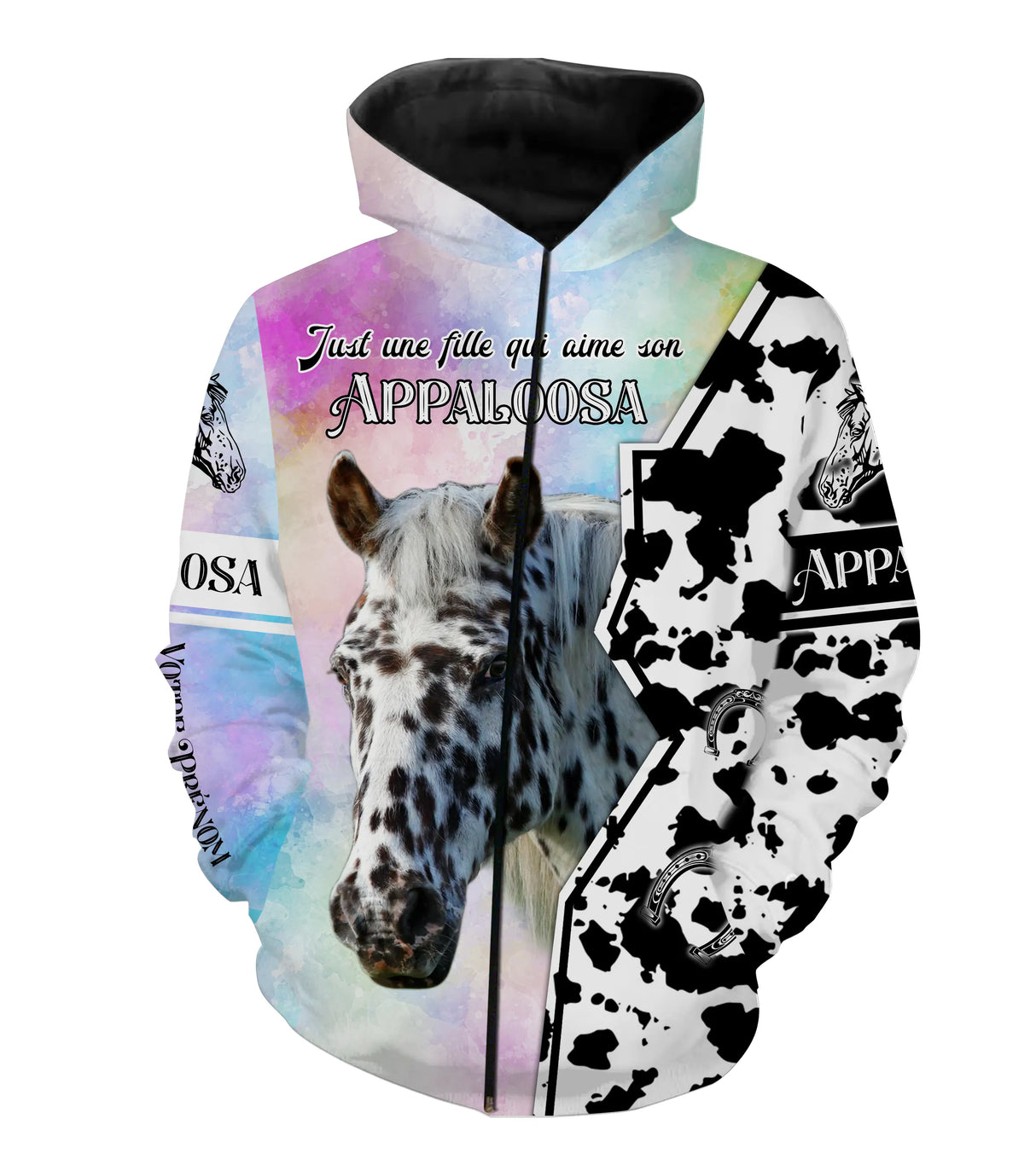 Sweat capuche zippé cheval Appaloosa fond pastel slogan Just fille aime Appaloosa prénom personnalisé