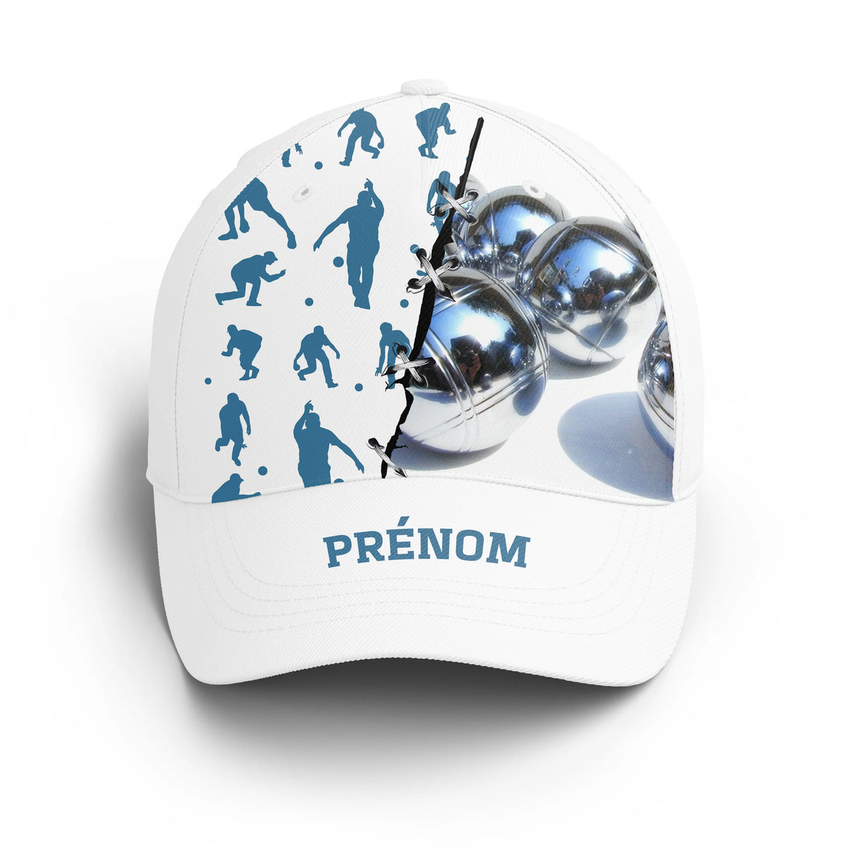 Casquette pétanque blanche joueurs silhouettes bleues lancer prénom broderie côté unisexe personnalisée