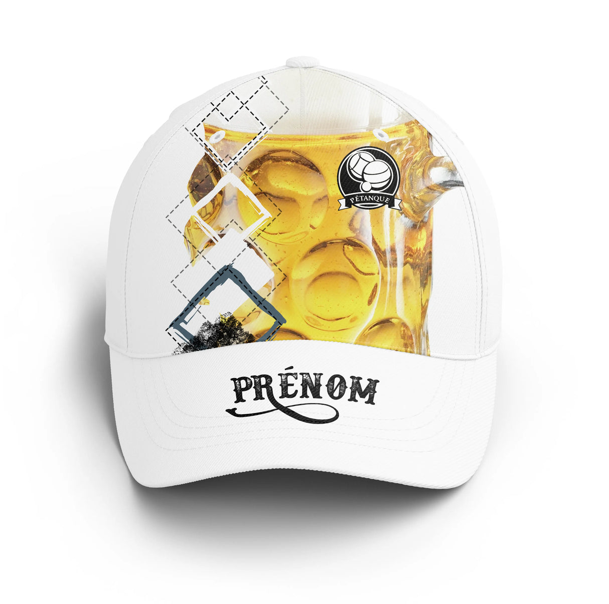 Casquette pétanque motif bière convivial capsules dorées prénom broderie côté unisexe personnalisée