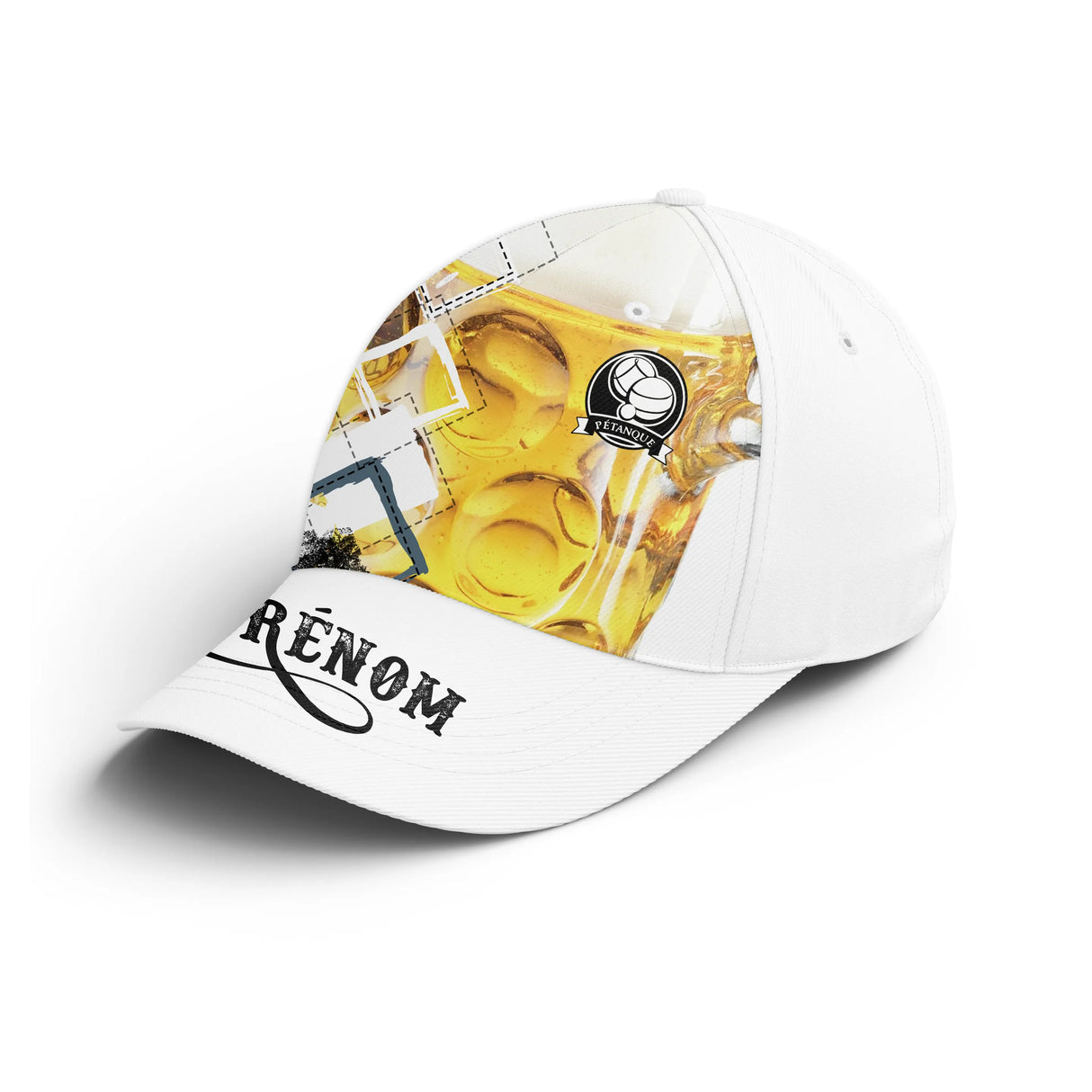 Casquette pétanque blanche jaune doré capsules bière boules prénom côté broderie bouliste personnalisée