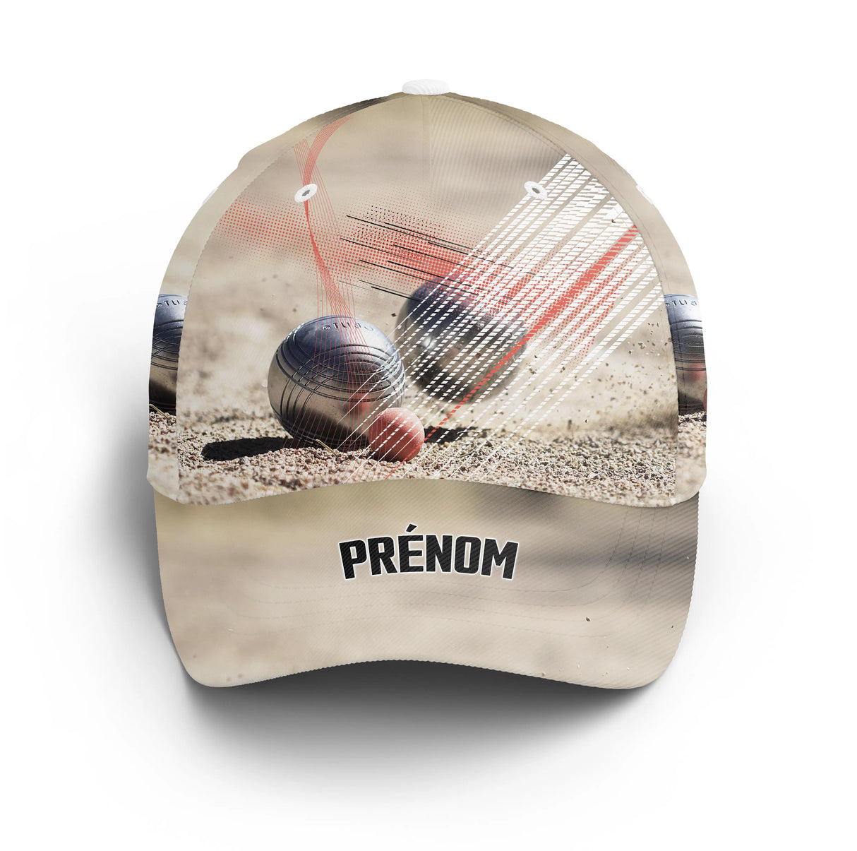 Casquette pétanque beige boules métalliques terrain prénom broderie côté unisexe personnalisée