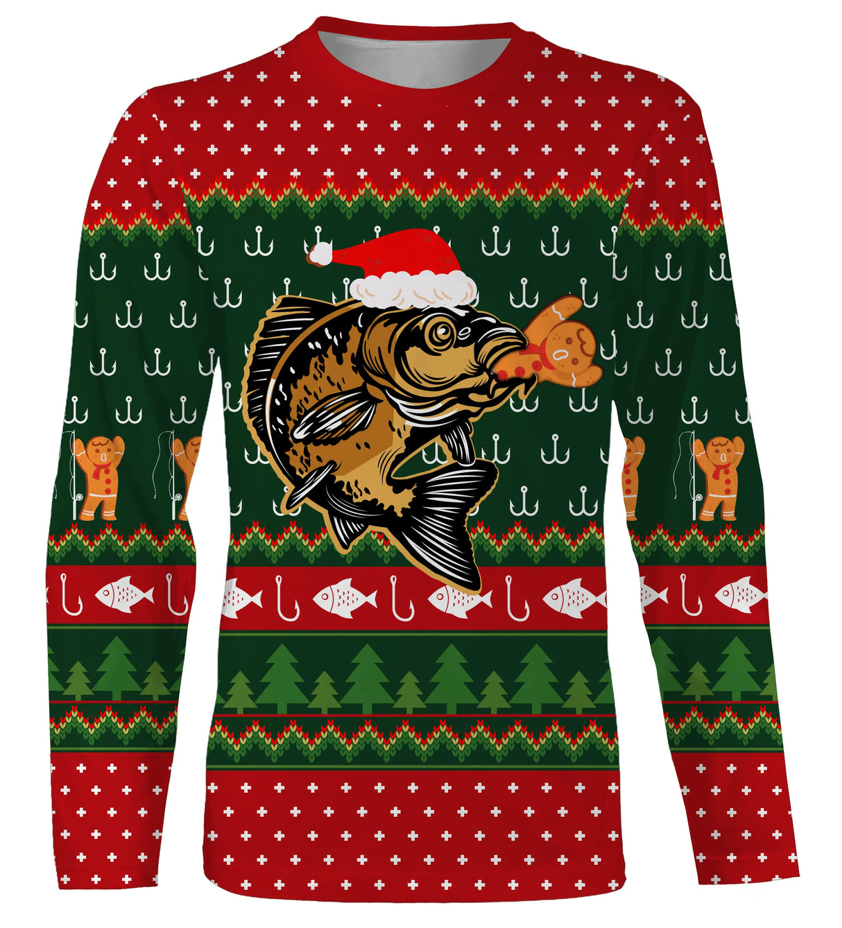 Sweater Noël pêcheur carpe jacquard vert rouge, coupe unisexe humour halieutique pour famille carpiste